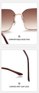 Close-up of comfortable nose pads and curved anti-slip metal legs on brown sunglasses