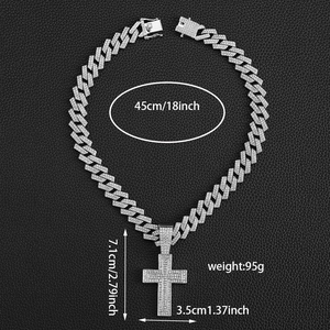 Men's hip hop silver cross necklace with iced-out crystals and 18-inch Cuban link chain