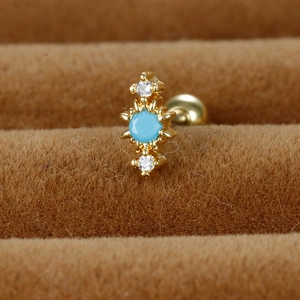 Golden stainless steel geometric ear stud featuring a turquoise center and zircon accents