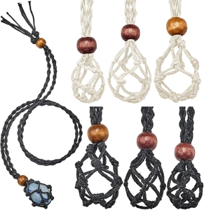 Adjustable hand-woven black and cream net stone holders with wooden beads details