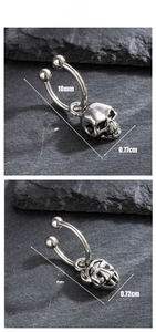 Detailed view of silver titanium steel skull hoop earrings with size measurements