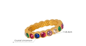 Detailed close-up of gold-plated titanium ring with 0.4cm multicolored zircon crystals