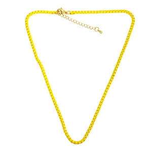 Bohemian bright yellow beaded short necklace with adjustable gold lobster clasp on white background
