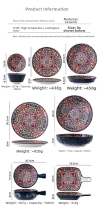 Detailed size chart for Bohemian ceramic dinnerware featuring plates and bowls dimensions