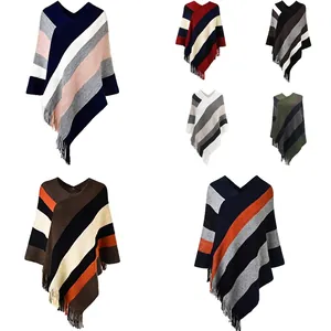 Women's knitted stripe poncho cape with tassels in various fashionable color options