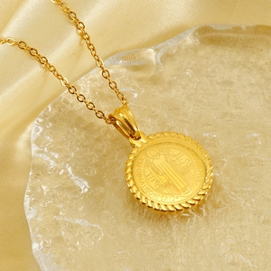 18K gold plated St. Benedict medal pendant necklace with twisted rope border and O-chain