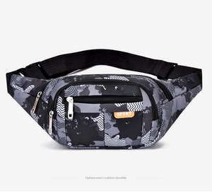 Detail view of water-resistant camo sports waist bag with adjustable strap and sport tag