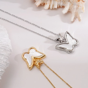 Elegant butterfly titanium steel necklace with 18K gold plating and shell inlay details