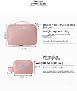 Detailed view of pink memory cloth makeup bags in large and small sizes with dimensions