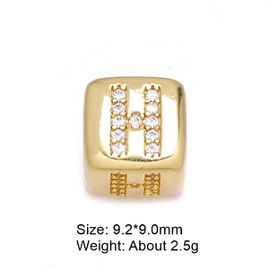 Golden 8mm micro-pave zircon letter H bead pendant for DIY jewelry, 9.2x9.0mm size