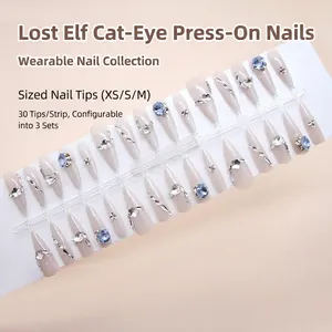 Uñas Postizas Press On Ojo De Gato Hechas A Mano Long Stiletto Corazón Azul Diamantes Mariposa Diseño ABS Plástico Elegante