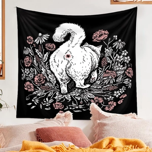 Artistic wall tapestry featuring a white cat among pink flowers on a black background