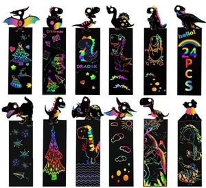 Detail of 12 dinosaur and holiday themed scratch paper bookmarks in a 24-piece DIY stationery set
