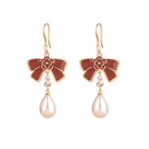 French style bow earrings with red enamel rose, pearls and crystals on gold base