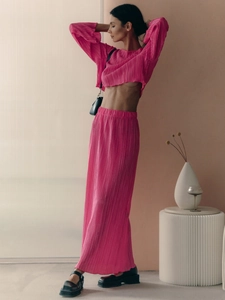 Women Pleated Flare Long Sleeve Crop Top And High Waist Maxi Skirt Elegant Plisse Outfits