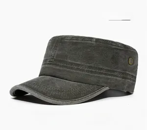 Detail view of army green washed cotton military cap showing breathable metal eyelets