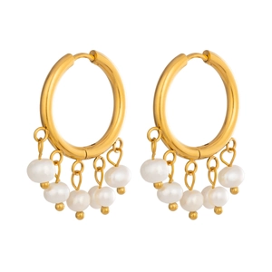 18K gold plated stainless steel hoop earrings with five hanging freshwater pearls