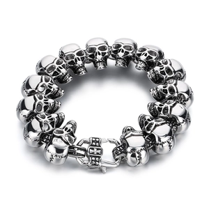 Gothic punk skull link bracelet in vintage silver stainless steel with cross clasp detail