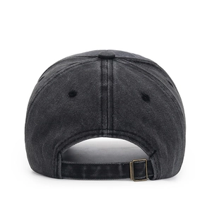 Rear view of washed black denim baseball cap with adjustable copper metal buckle closure