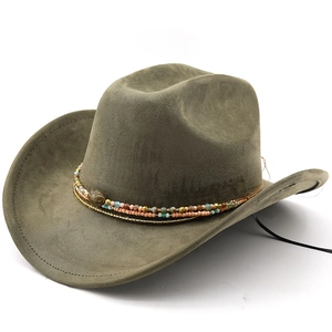 Olive green suede cowboy hat featuring colorful boho beads and ethnic style details