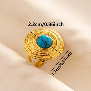Detail view of gold stainless steel ring with turquoise stone and size dimensions