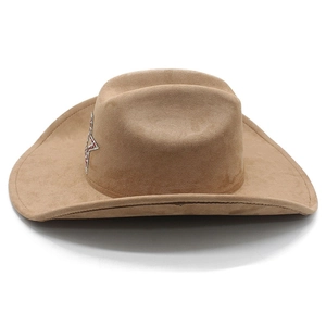 Close-up of suede cowboy hat featuring a rhinestone star emblem on the side