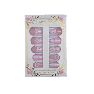 24pcs pink almond press on nails with plaid patterns, 3D hearts and pearls in a white box
