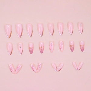 Pink almond press-on nails with French tips, stars and glitter accents, 24-piece set