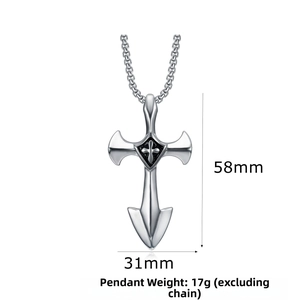 Detailed size view of silver cross anchor pendant with 58mm by 31mm measurements