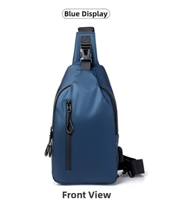 Men's blue waterproof chest bag outdoor casual sling backpack stylish and functional.