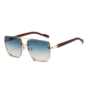 Double bridge square sunglasses with wood grain temples and blue yellow gradient lenses
