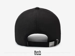 Detail view of the black cotton baseball cap back with adjustable metal buckle and strap