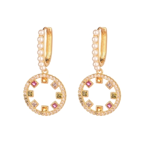 Golden round drop earrings with pearls and colorful zircons on a clean white background