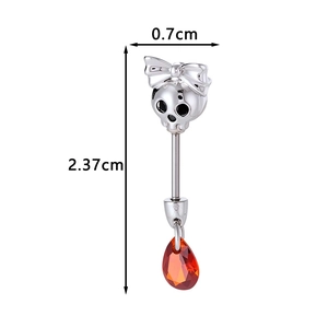 Silver skull earring with red crystal drop and bow detail, dimensions 0.7cm by 2.37cm