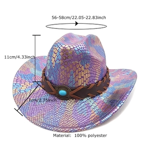 Purple snakeskin cowboy hat with turquoise stone band and 100% polyester material spec