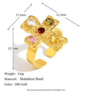 Retro 18K gold plated stainless steel cross open ring with colorful zircon stones