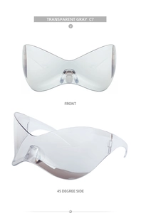 Front and 45-degree side views of transparent gray frameless Y2K cycling sunglasses