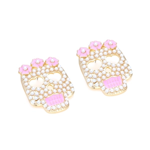 Gold skull stud earrings with pink enamel flowers and pavé faux pearls for women