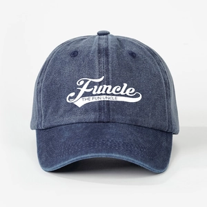 Vintage washed navy blue denim baseball cap with Funcle printed slogan and adjustable back