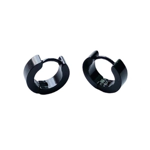Minimalist black stainless steel hoop earrings for men and women on white background