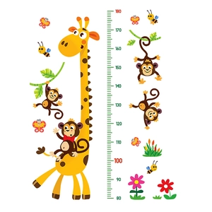Cartoon animal height chart wall sticker for kids room featuring giraffe and monkeys