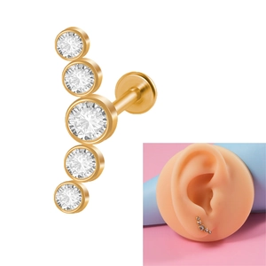 Detailed close-up and model wear of 16G gold plated labret with five opal stones