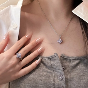 Sparkling zircon flower pendant necklace and ring set with purple petals for women