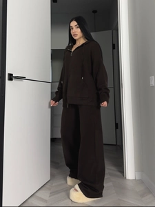 Women's chocolate brown knitted two-piece set with hooded zip jacket and wide-leg pants