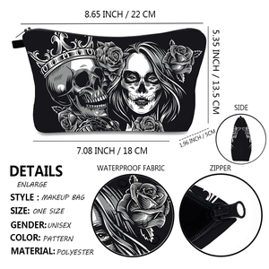 Detailed dimensions and features of the waterproof skull print makeup bag showing size specs
