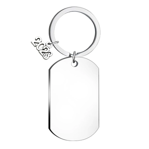 Polished stainless steel dog tag keychain featuring 2023 pendant on white background