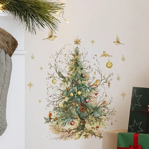 Watercolor Christmas tree wall sticker with festive decorations in a cozy home setting