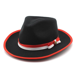 Classic black wool fedora hat with red brim edging and decorative band side buckle