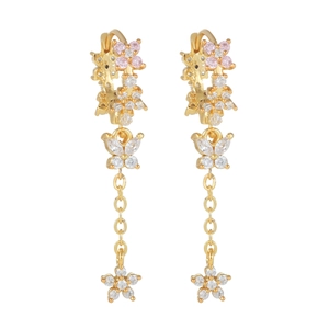 Elegant gold flower and butterfly tassel earrings with pink and white cubic zirconia