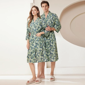 Tropical palm leaf print bathrobes for couple, lightweight summer sleepwear set with belt